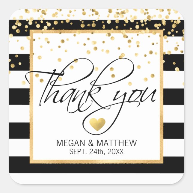 Modern Classy White Black & Gold Wedding Thank You Square Sticker (Front)