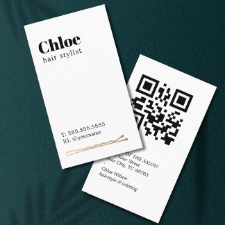 Modern Clean Black White Golden Hair Pin Salon QR  Business Card
