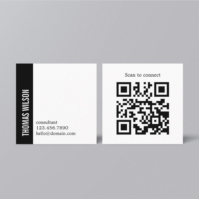 Modern Clean Bold Black White Consultant QR code Square Business Card (Creator Uploaded)