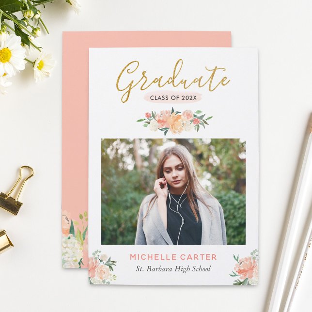 Modern Clean Coral Peach Floral Photo Graduation Announcement (Creator Uploaded)