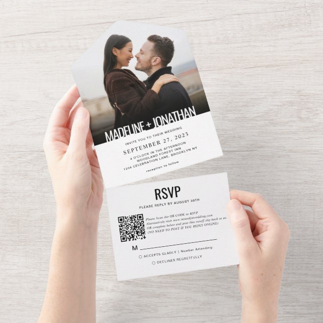 Modern Clean Minimalist Photo QR Code Wedding All In One Invitation (Tearaway)