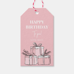 Modern Clean Pink Wrapped Gift Box Happy Birthday Tags