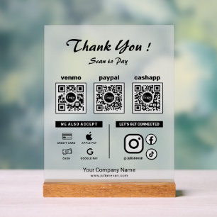 Modern Clean Scan to pay 3 QR Codes Thank you Acrylic Sign