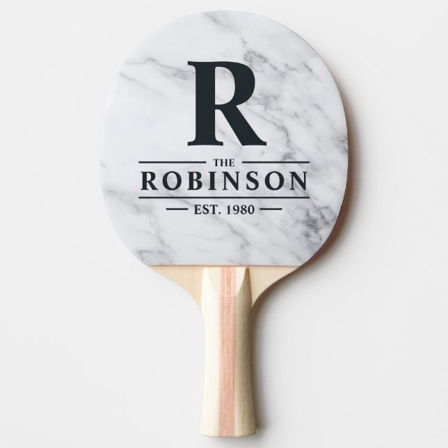 Modern Clean White Marble Family Name & Initial Ping Pong Paddle (Front)