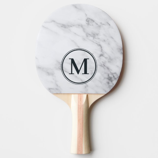 Modern Clean White Marble Monogram Ping Pong Paddle (Front)