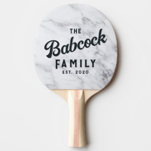 Modern Clean White Marble Stone Retro Family Name Ping Pong Paddle