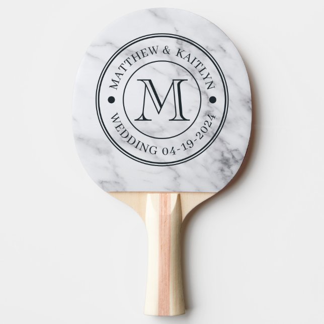 Modern Clean White Marble Wedding Monogram Ping Pong Paddle (Front)