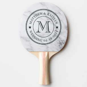 Modern Clean White Marble Wedding Monogram Star Ping Pong Paddle