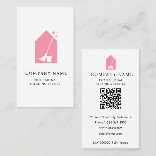 Modern Cleaning Cleaner Services Logo Pink QR Code Business Card (Front/Back)