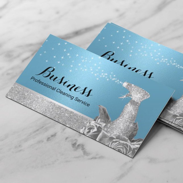 Modern Cleaning Service Blue & Silver Floral Spray Business Card (Creator Uploaded)