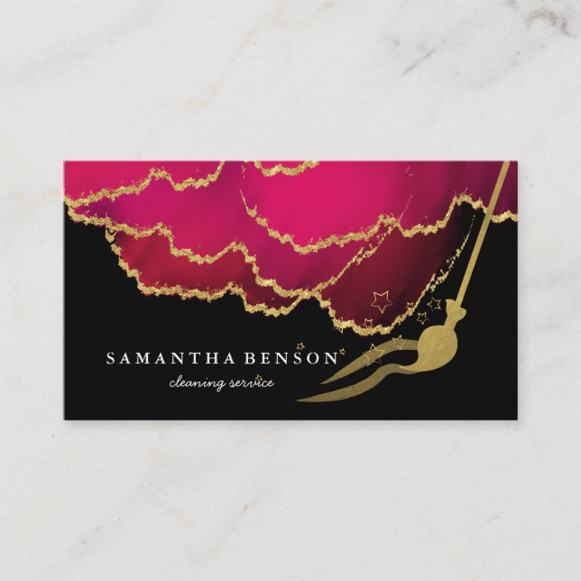 Modern Cleaning Service Brushed Black Metal Gold  Business Card (Front)