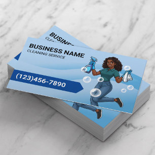 Modern Cleaning Service Cartoon Maid Blue Curves Business Card