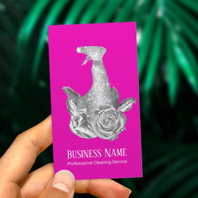 Modern Cleaning Service Hot Pink Spray & Flowers Business Card (Creator Uploaded)