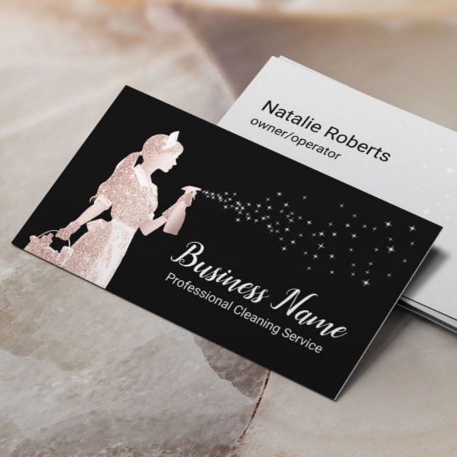 Modern Cleaning Service Rose Gold Maid Black Business Card (Creator Uploaded)