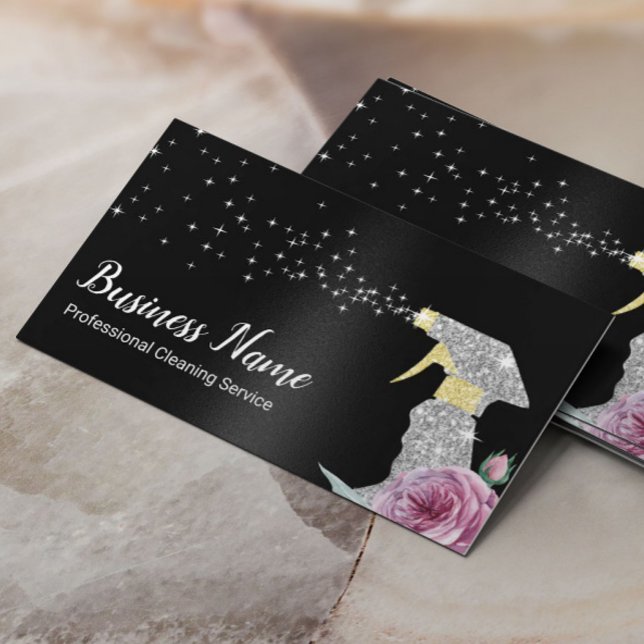 Modern Cleaning Service Silver Spray Black  Business Card (Creator Uploaded)