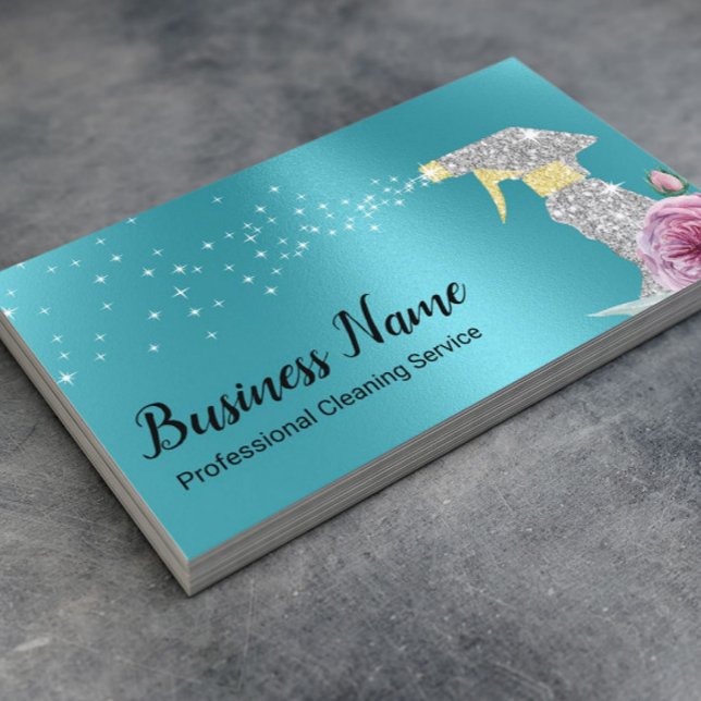Modern Cleaning Service Silver Spray Turquoise Business Card (Creator Uploaded)