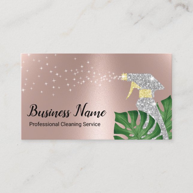 Modern Cleaning Service Tropical Leaves Rose Gold Business Card (Front)