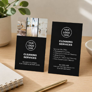 Modern Cleaning Services Photo Logo Black Business Card
