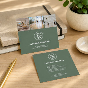 Modern Cleaning Services Photo Logo Sage Green Square Business Card