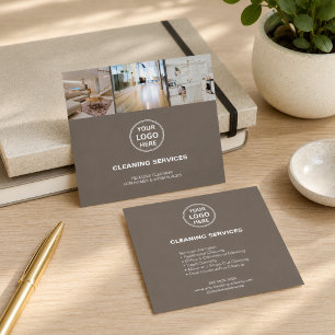 Modern Cleaning Services Photo Logo Taupe Square Business Card