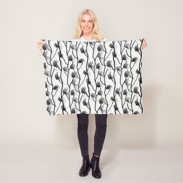 Modern Climbing Vine Black White Grey Painterly Fleece Blanket (In Situ)