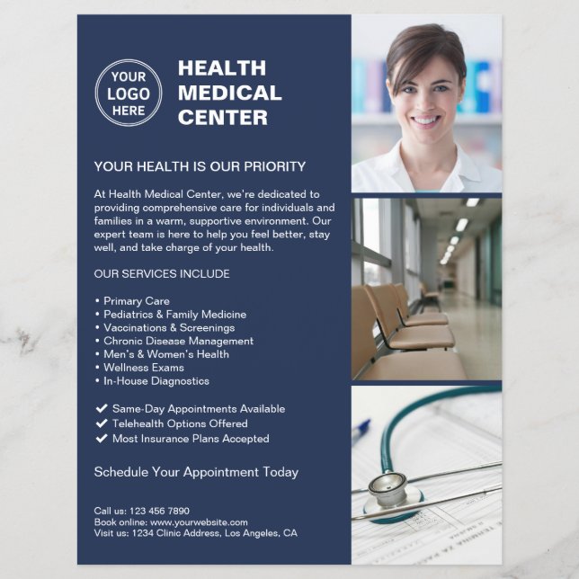 Modern Clinic Doctor Healthcare Logo Navy Blue Flyer (Front)