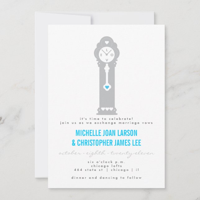 Modern Clock with Hearts Wedding Invitation (Front)