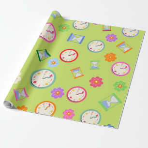 Modern clocks and flowers green party wrapping paper