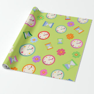 Modern clocks and flowers green party wrapping paper