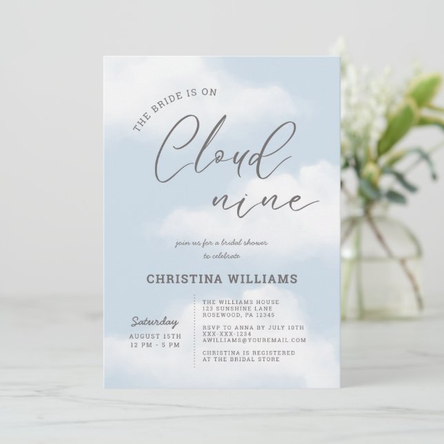 Modern Cloud Nine Blue Bridal Shower Invitation (Standing Front)