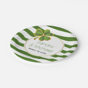 Modern clover & green white stripes Irish wedding Paper Plate