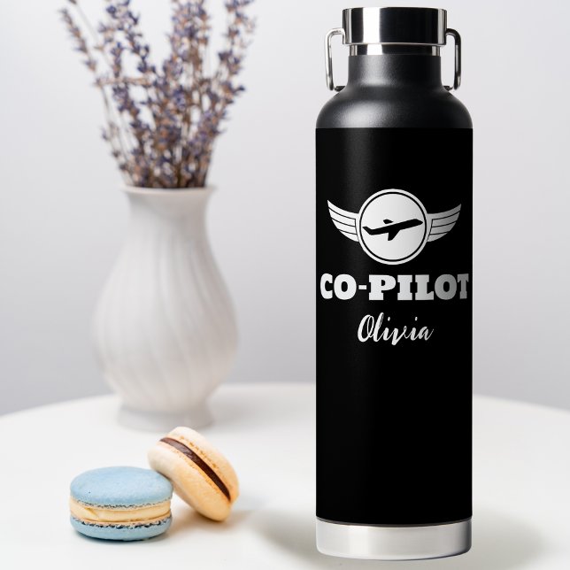 Modern CO-PILOT Typography Aeroplane, Black & Whit Water Bottle (Creator Uploaded)