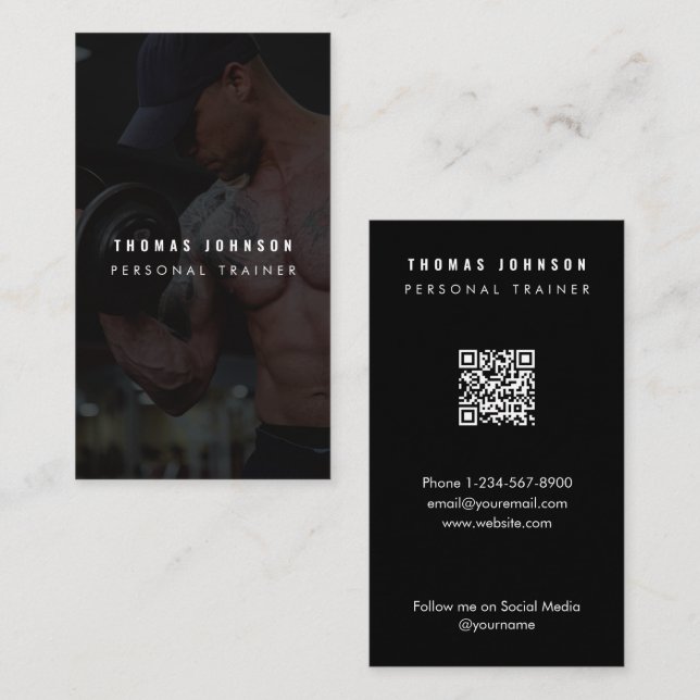 Modern Coach Fitness Trainer Photo QR Code Black Business Card (Front/Back)