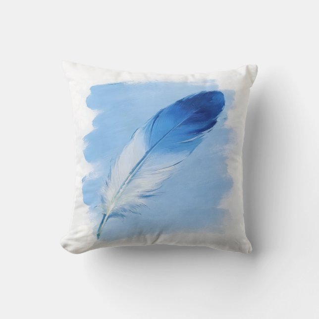 Modern Coastal Blue Paint Stroke Single Feather Cushion (Front)