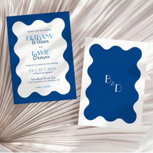 Modern Coastal Blue Wave Scallop Monogram Wedding Invitation