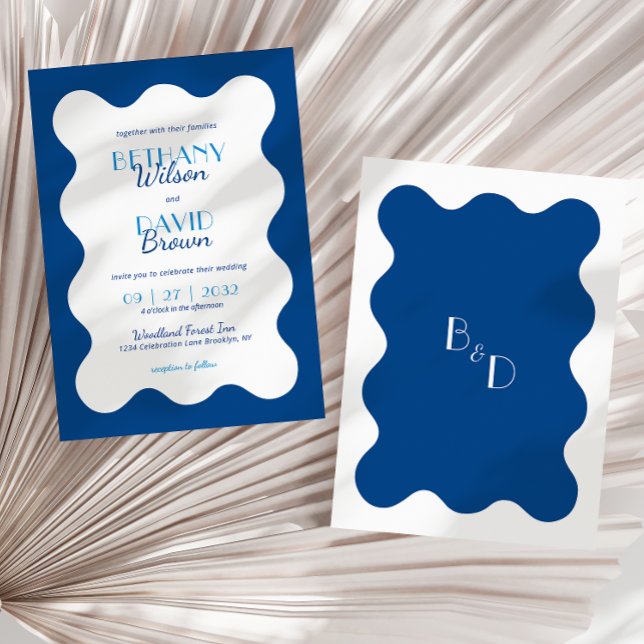 Modern Coastal Blue Wave Scallop Monogram Wedding Invitation (Creator Uploaded)