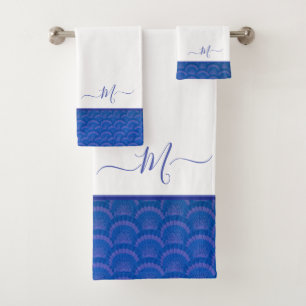 Modern Coastal Blue White Seashell Monogram Bath Towel Set