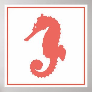 Modern Coastal Coral Pink Seahorse Silhouettte Poster