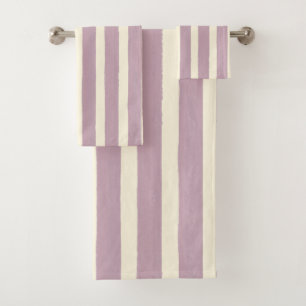 Modern Coastal Dusty Purple and Cream Striped Bath Towel Set