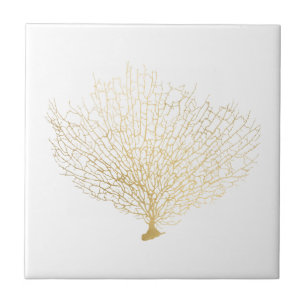 Modern Coastal Gold Sea Fan Coral Tile
