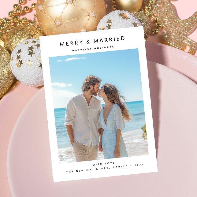 Modern Coastal Merry & Married Newlywed Photo Holiday Card (Creator Uploaded)