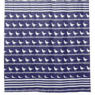 Modern Coastal Nautical Navy Blue Sandpipers Shower Curtain