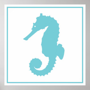 Modern Coastal Ocean Blue Seahorse Silhouettte Poster