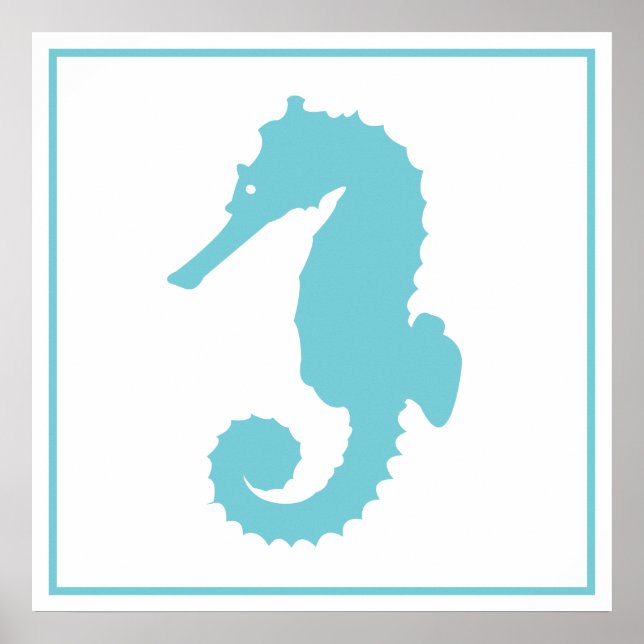 Modern Coastal Ocean Blue Seahorse Silhouettte Poster (Front)