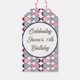 Modern Coastal Red, Blue and White Fish Pattern  Gift Tags