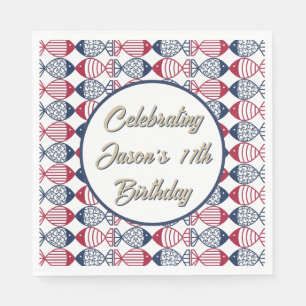 Modern Coastal Red, Blue and White Fish Pattern Napkin