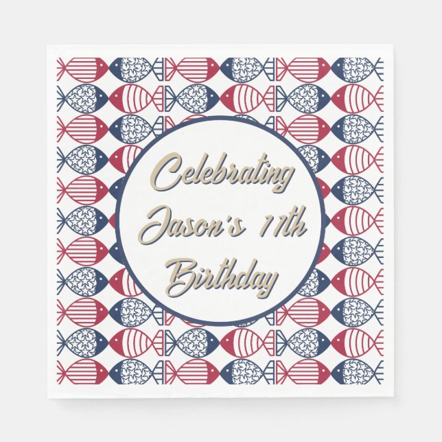 Modern Coastal Red, Blue and White Fish Pattern  Napkin (Front)