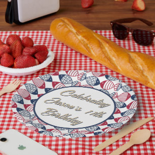 Modern Coastal Red, Blue and White Fish Pattern  Paper Plate