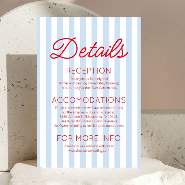 Modern Coastal Red Blue Stripes Wedding Details Enclosure Card (Creator Uploaded)