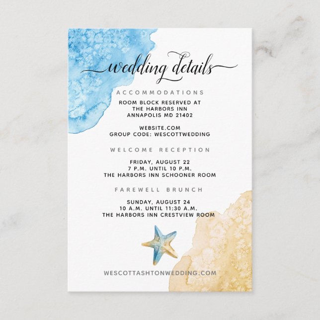 Modern Coastal Sea and Sand Beach Wedding Details Enclosure Card (Front)